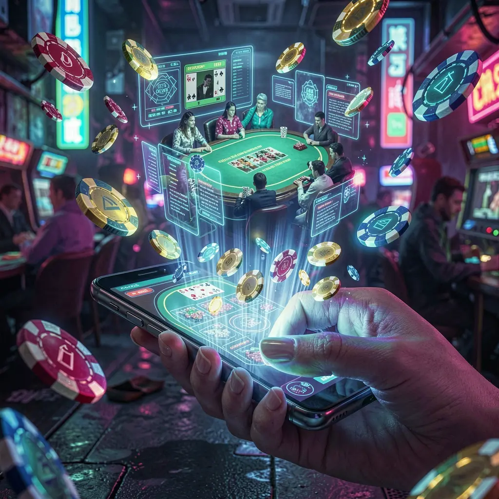 Futuristic casino app projection with glowing chips and digital effects floating above a smartphone showcasing the E677 mobile casino in the Philippines