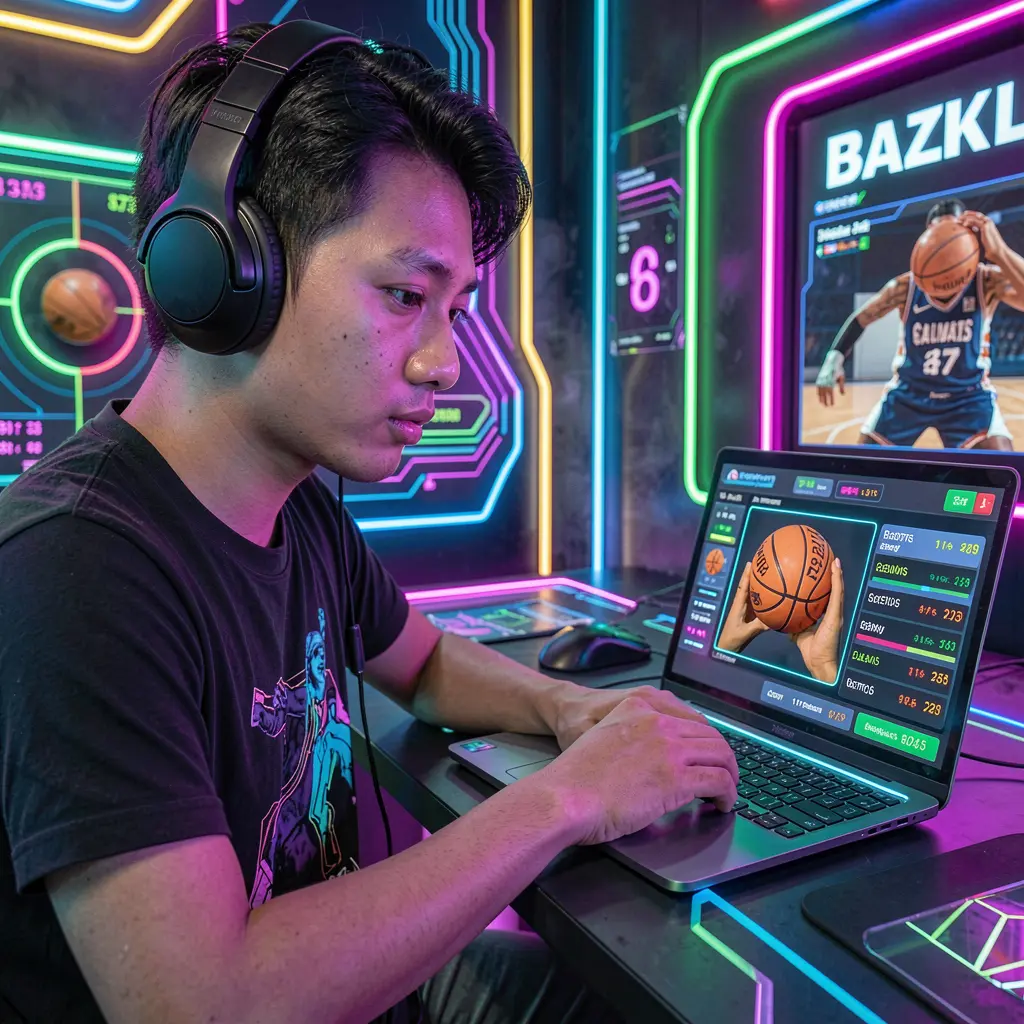Focused Filipino bettor using a laptop with live basketball odds in a neon lit cyber betting environment on the E677 platform