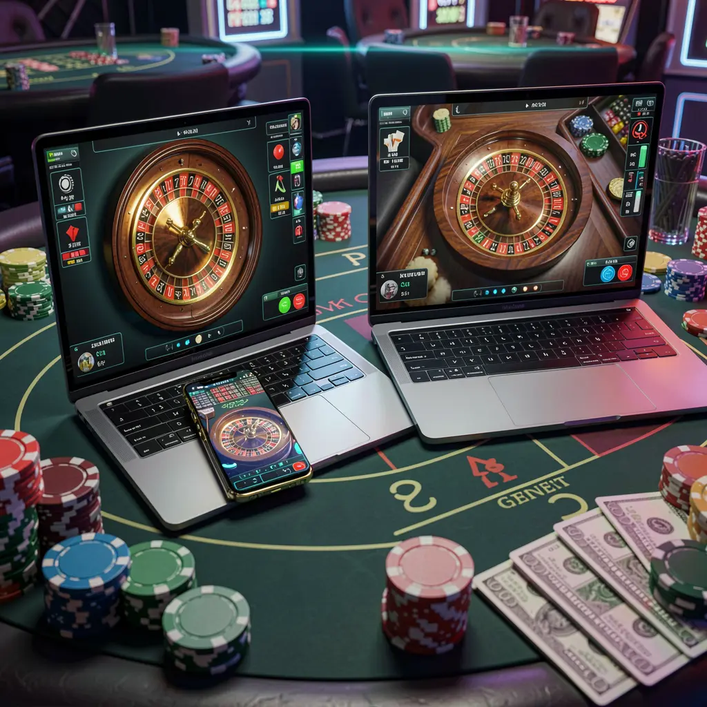 E677 mobile casino experience shown on a smartphone and laptop with a glowing roulette interface and stacked chips highlighting seamless play in the Philippines