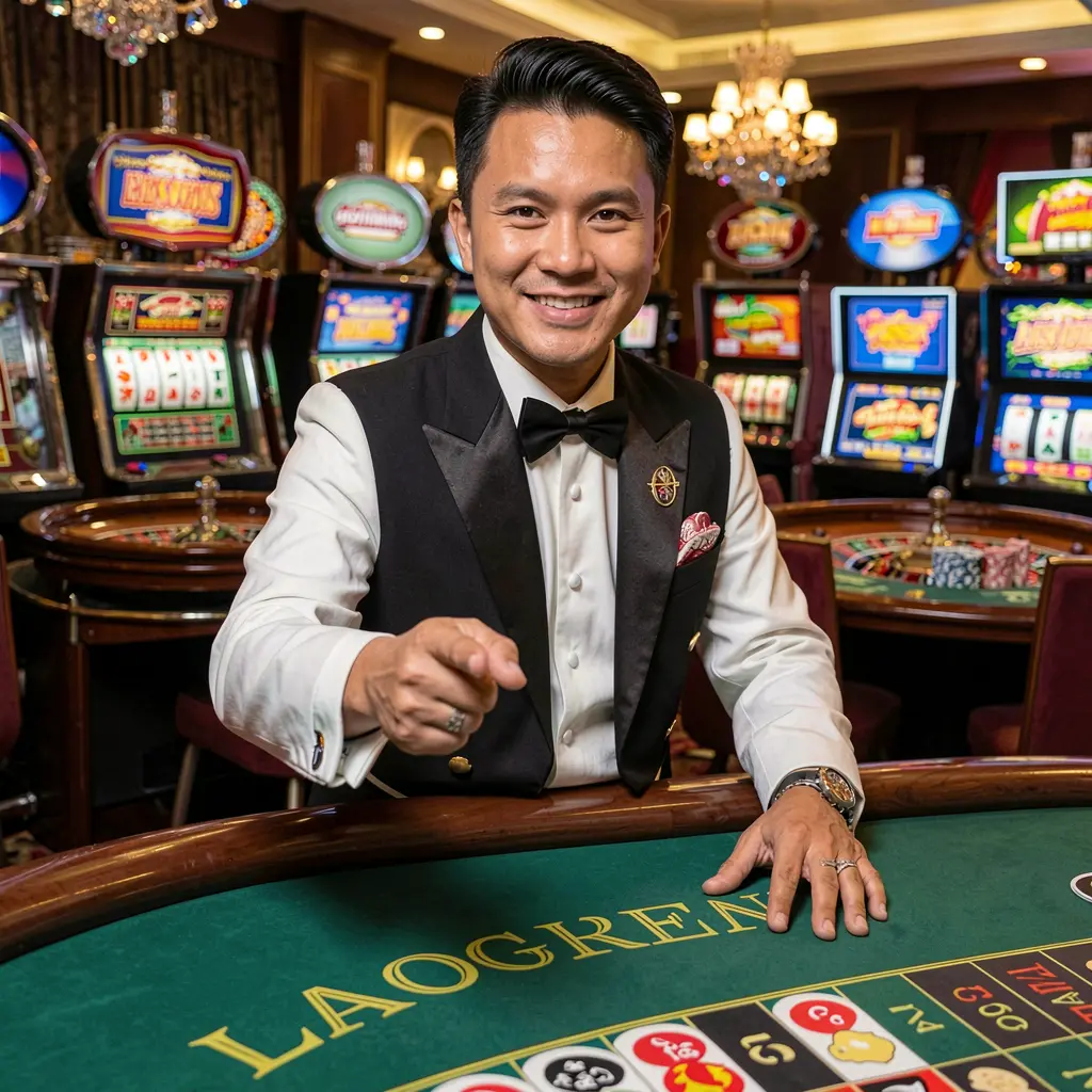 Friendly Filipino casino host inviting players to log in with bright slot machines and a roulette table behind him on E677 Philippines