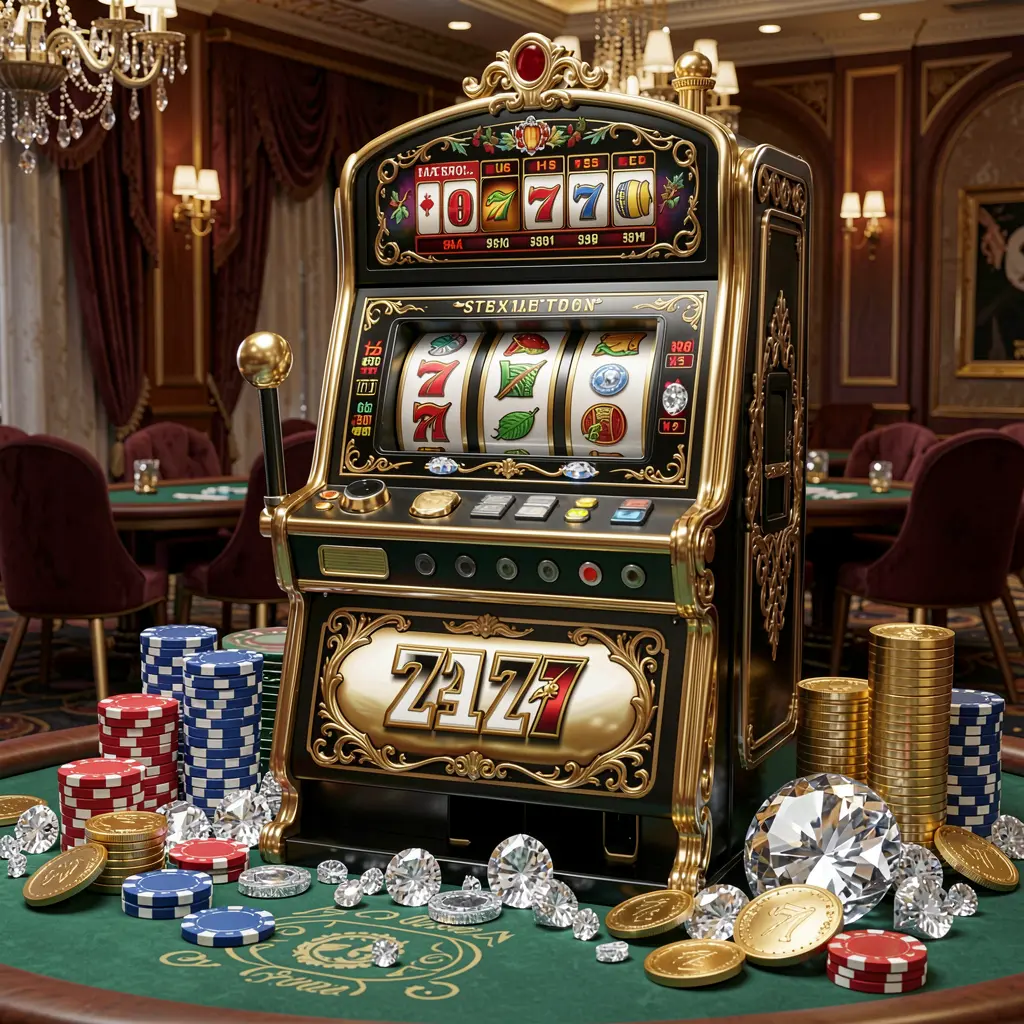 Luxury slot machine decorated with gold and diamonds surrounded by casino chips and scattered coins highlighting the premium gaming atmosphere of E677 slots in the Philippines
